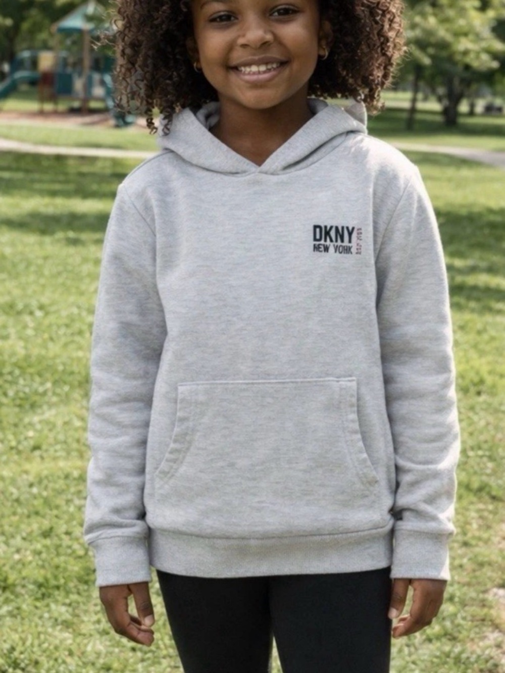 DKNY Light Gray Kids' Hooded Sweatshirt with Front Pockets - S